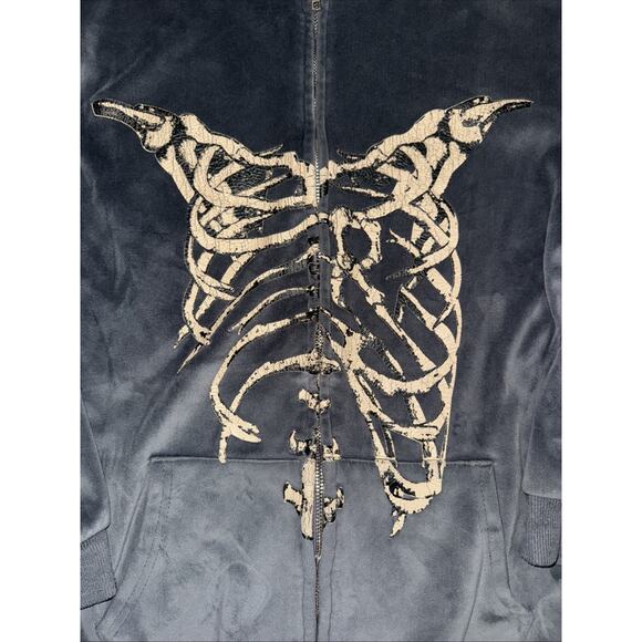 Velour Full Zip Skeleton Hoodie Gray Men’s Medium Gothic Y2K Grunge 19x25 - Picture 2 of 7